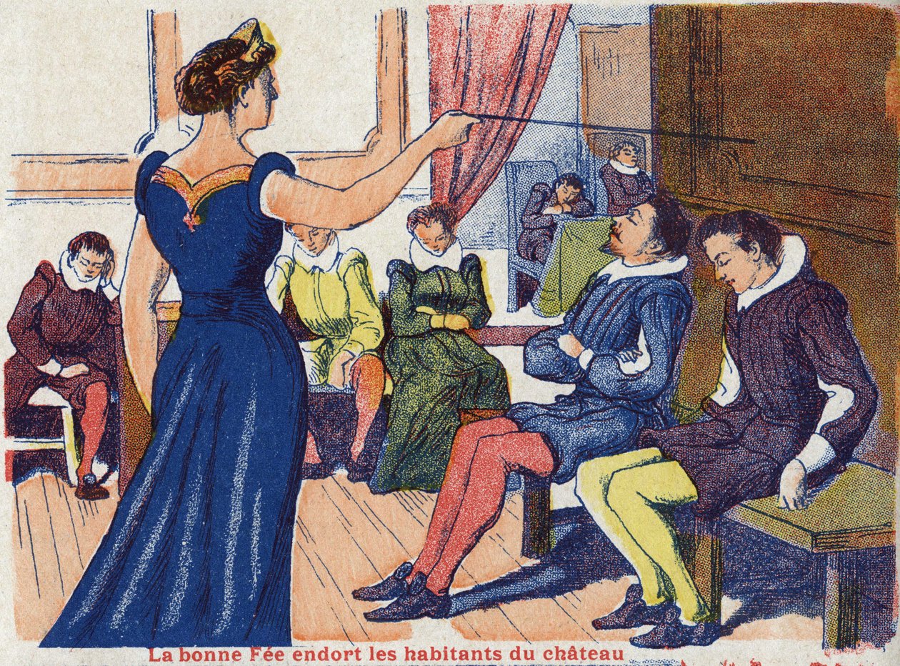 الرسم الجيد ينام سكان القلعة. رسم توضيحي مجهول لـ "La belle au bois dormant" ، حكاية تشارلز بيرولت (1628-1703) ، الكاتب الفرنسي. الصور مارسيل فاني ، جارفيل نانسي ، بدون تاريخ (أواخر القرن التاسع عشر). بواسطة فنان غير معروف