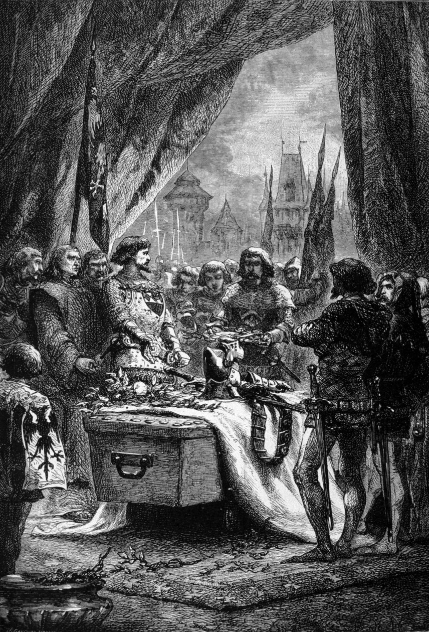 وضع الحاكم مفاتيح شاتونوف دي راندون على نعش برتراند دو جيسكلين (1320 - 1380) ، رجل حرب بريتوني ووطني فرنسي ضد الإنجليز. نقش القرن التاسع عشر. بواسطة فنان غير معروف