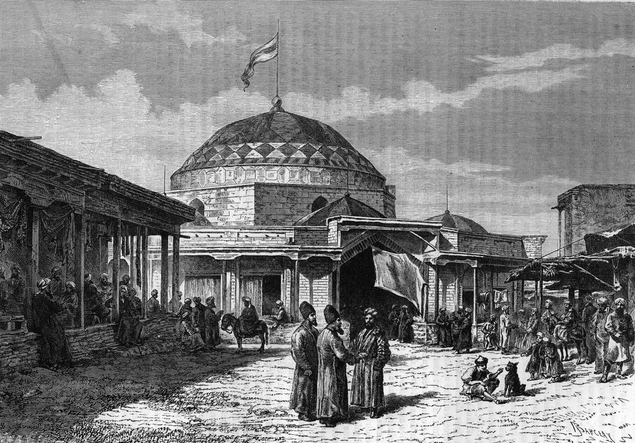 بازار سمرقند الكبير (سمرقند أو سمرقند) في أوزبكستان في القرن التاسع عشر. نقش في "" le journal de la Jeunesse "" لعام 1888. بواسطة فنان غير معروف