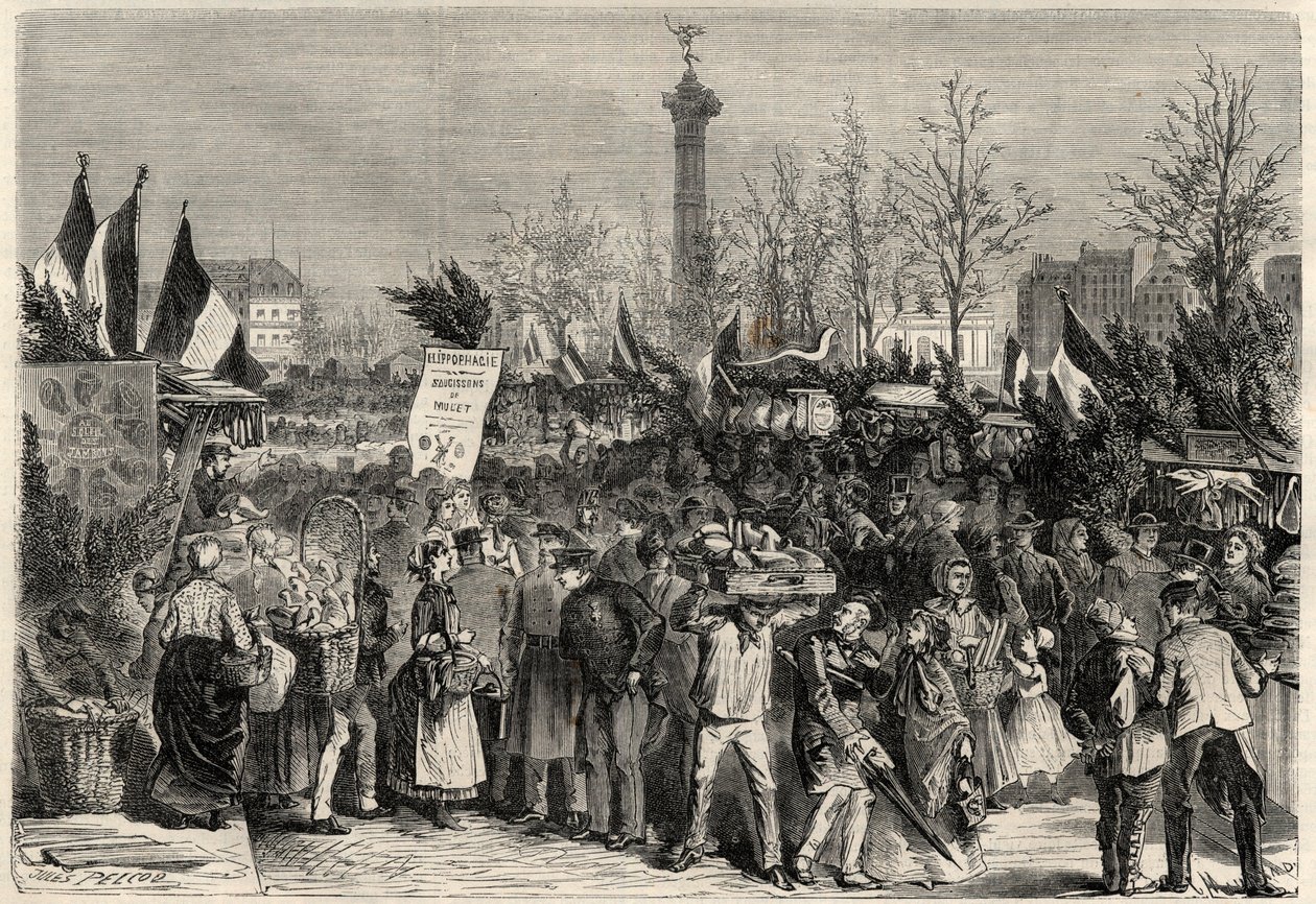 معرض لحم الخنزير ، Boulevard Bourdon في الدائرة الرابعة في باريس بالقرب من Place de la Bastille. لافتة تعلن عن لحم البوري (Hippophagia). نقش في "الكون اللامع" بواسطة فنان غير معروف