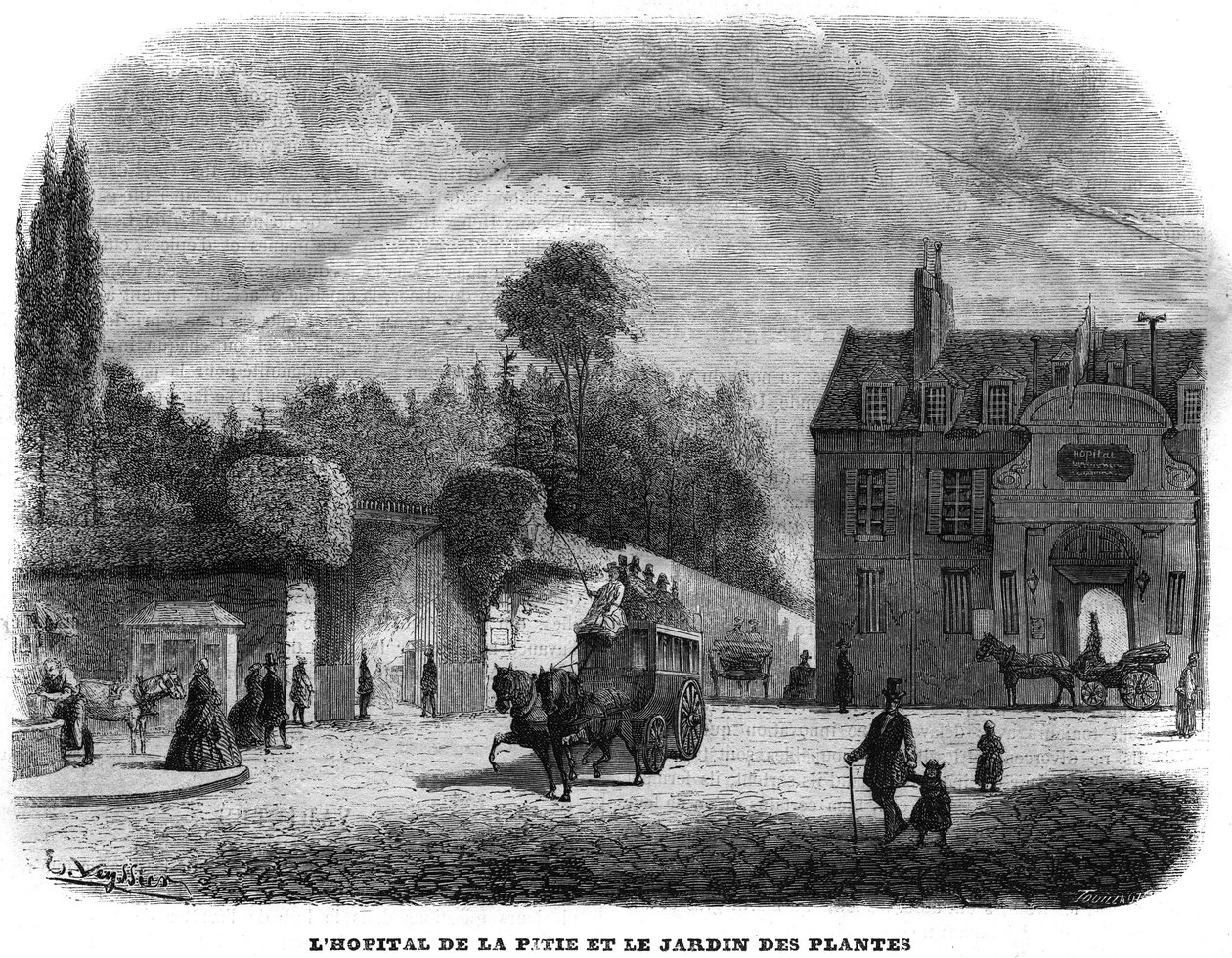 مستشفى بيتي سالبترير (PITIE-SALPETRIERE) وحديقة النباتات في باريس عام 1858. بواسطة فنان غير معروف