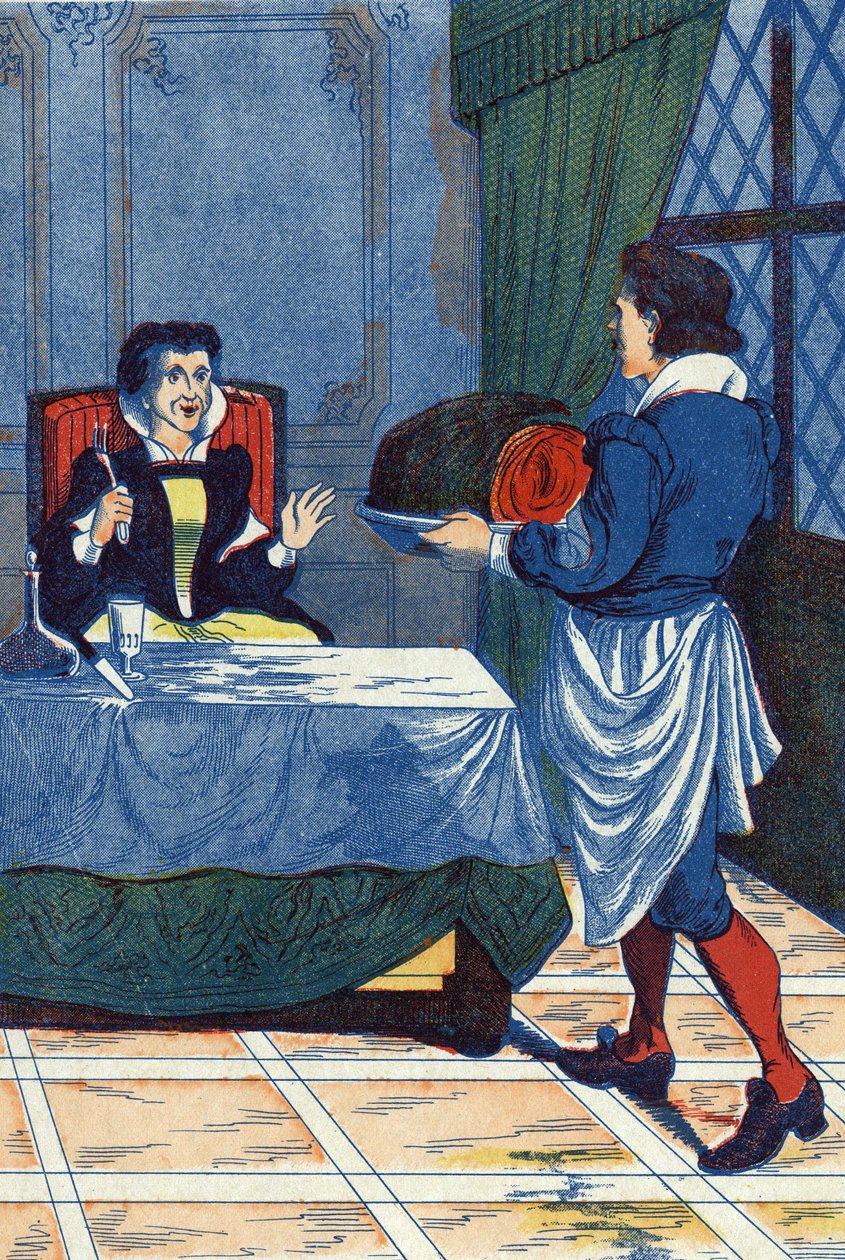 سيد الفندق يخدم طفلاً إلى ogresse. رسم توضيحي لـ "La belle au bois dormant" ، حكاية تشارلز بيرولت (1628-1703) ، الكاتب الفرنسي. التوضيح مجهول. الصور مارسيل فاني ، جارفيل نانسي ، بدون تاريخ (أواخر القرن التاسع عشر). بواسطة فنان غير معروف