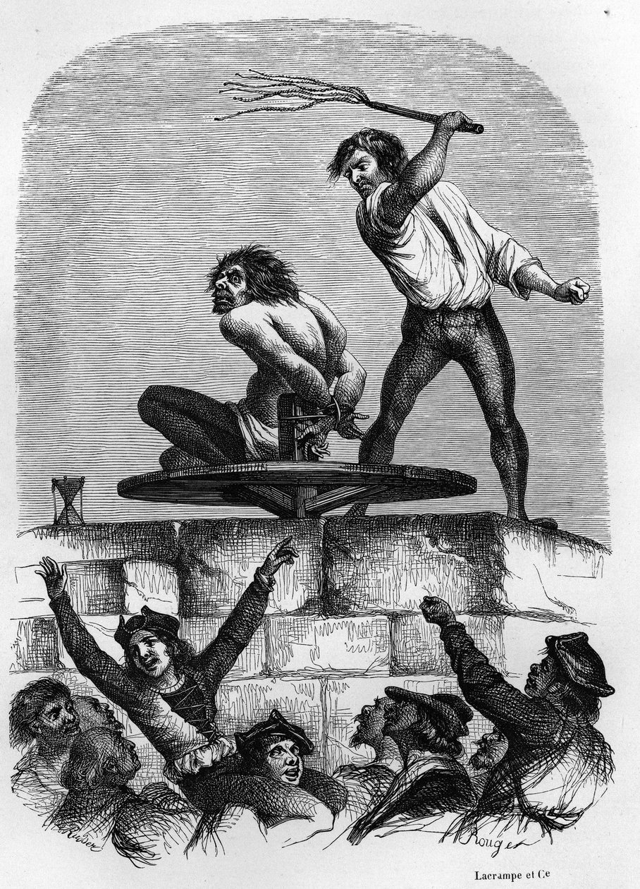 أحدب كواسيمودو في بيلوري. رسم توضيحي لرواية فيكتور هوغو "نوتردام دي باريس" من عام 1844. بواسطة فنان غير معروف