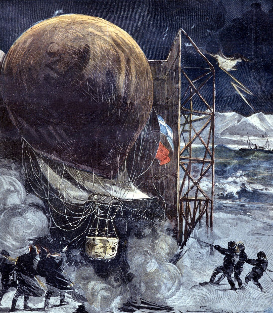 بالون الهيدروجين Oernen (Aquila) للمهندس السويدي Solomon Andrée (1854 - 1897) أثناء عاصفة ثلجية على جزيرة في الدنمارك ، قبل وقت قصير من المغادرة إلى القطب الشمالي ، وهي رحلة استكشافية ستضيع. 1897 بواسطة فنان غير معروف
