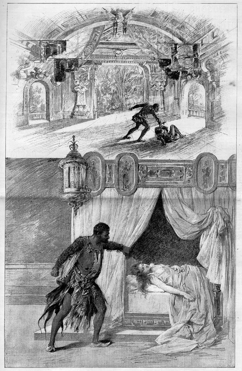 المسرح اللامع: أوتيلو (عطيل) ، أوبرا جوزيبي فيردي (1813-1901) ، الملحن الإيطالي ، ممثلة في مسرح سكالا في ميلانو في 12 فبراير. نقش في "" Le monde اللامع " بواسطة فنان غير معروف