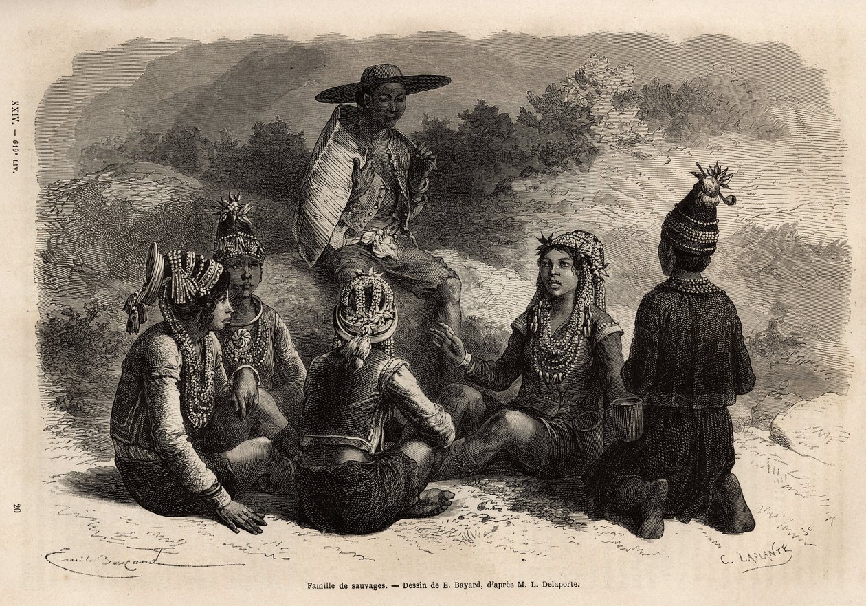 السكان الأصليون في Xieng Hong (لاوس) ، يرتدون الأزياء التقليدية ، فوق سترتهم ، وصدر مخملي مع زركشة ، مع تنورة أو سروال قصير يكتمل بغطاء صغير يزين. نقش لتوضيح رحلة الاستكشاف في الهند الصينية ، ب بواسطة فنان غير معروف