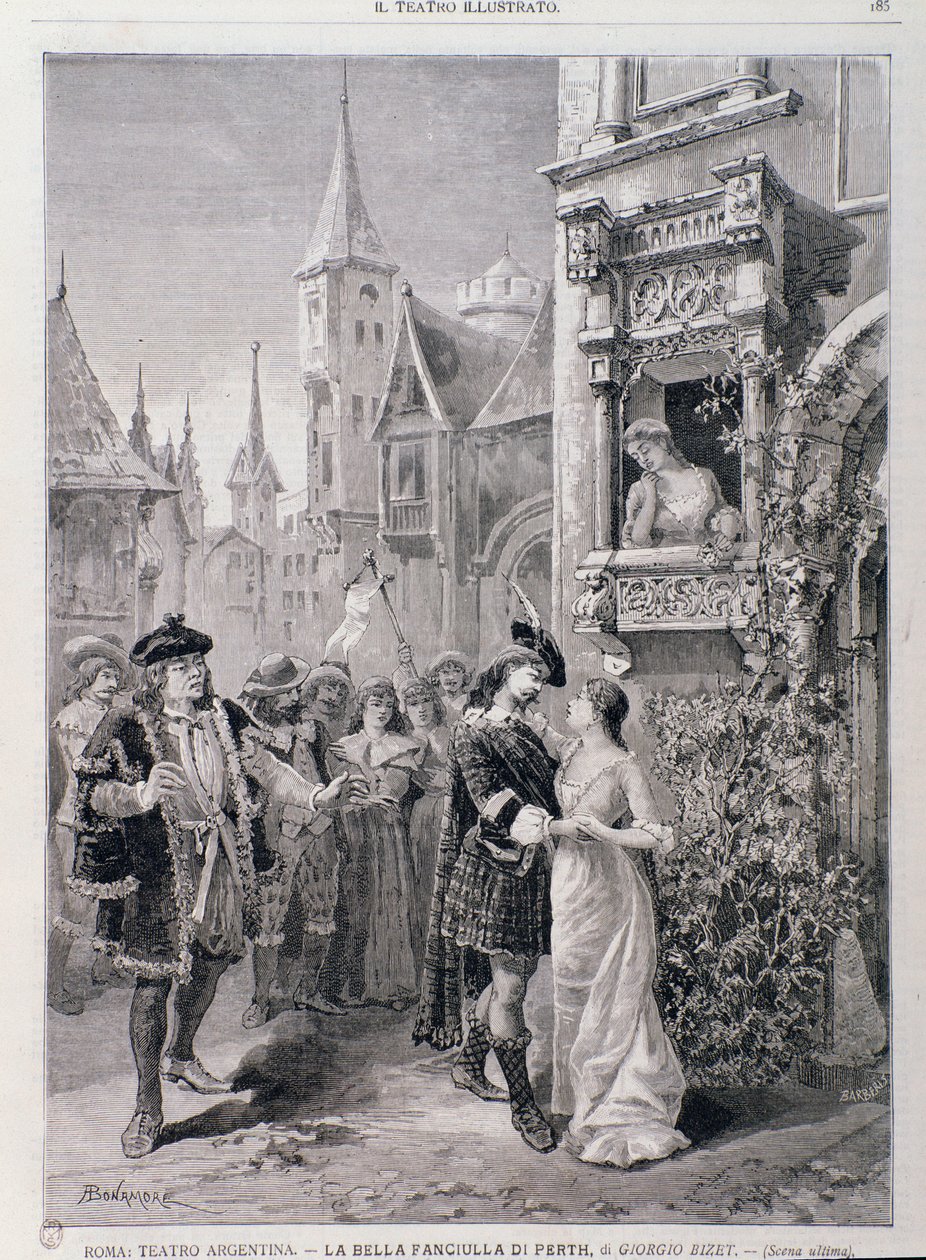 المشهد الأخير من The Fair Maid of Perth ، أوبرا لجورج بيزيه ، في مسرح الأرجنتين في روما. بواسطة فنان غير معروف