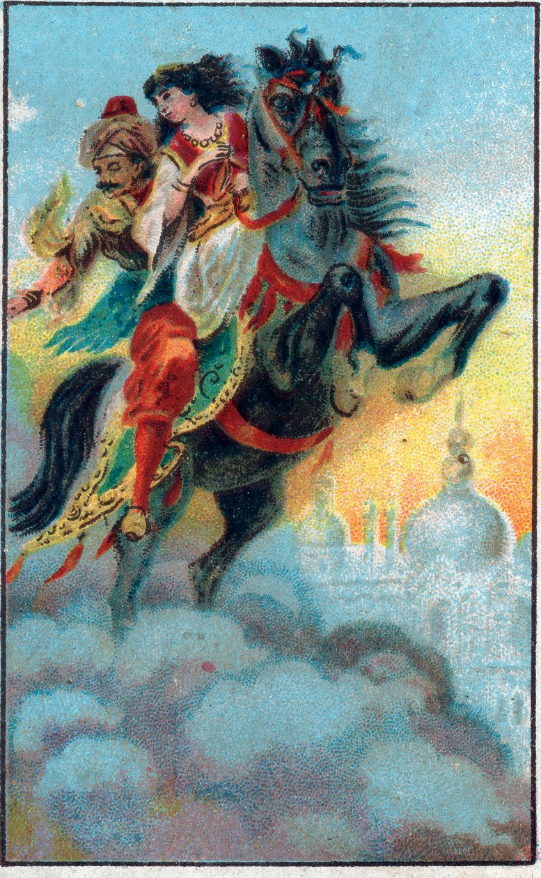 التسرب. حكاية "" تاريخ الحصان المسحور "" في "" ألف ليلة وليلة "" "(1001 Nights or Le mille e una notte، Arabian Nights). الطباعة الحجرية الملونة في أواخر القرن التاسع عشر. بواسطة فنان غير معروف