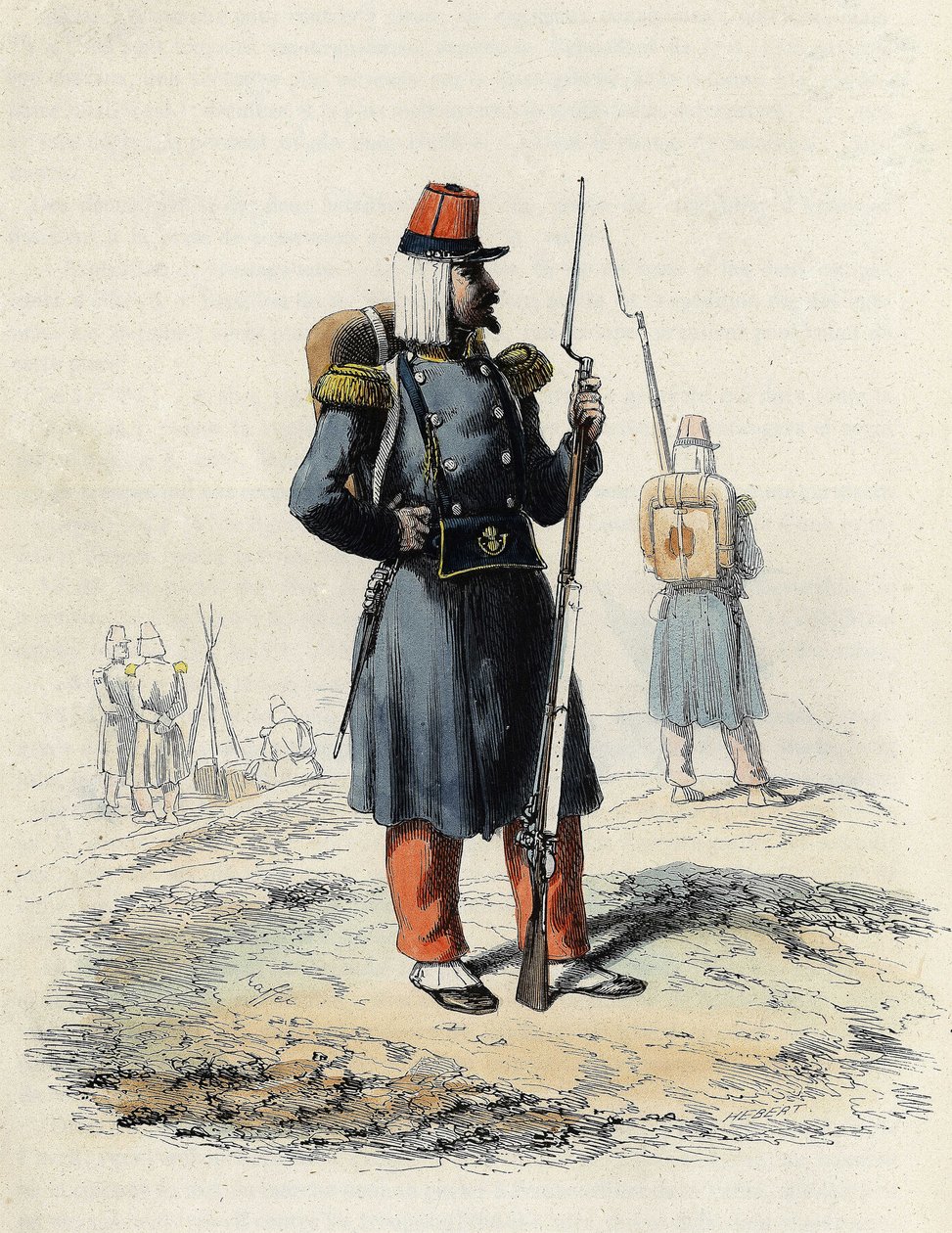 المشاة الخفيفة للجيش الفرنسي أثناء رحلة الجزائر الاستكشافية عام 1830 ، في "" L'Algerie ancienne et moderne "بقلم ليون غاليبرت بواسطة فنان غير معروف