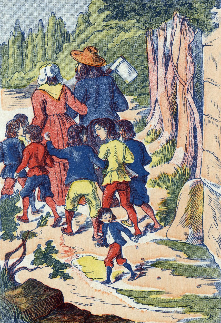 الحقيبة الصغيرة تنثر الحجارة في طريقه. رسم توضيحي لـ "Le Pepetit poucet" ، حكاية تشارلز بيرولت (1628-1703) ، الكاتب الفرنسي. توضيح مجهول. الصور مارسيل فاني ، جارفيل نانسي ، بدون تاريخ (أواخر القرن التاسع عشر). بواسطة فنان غير معروف
