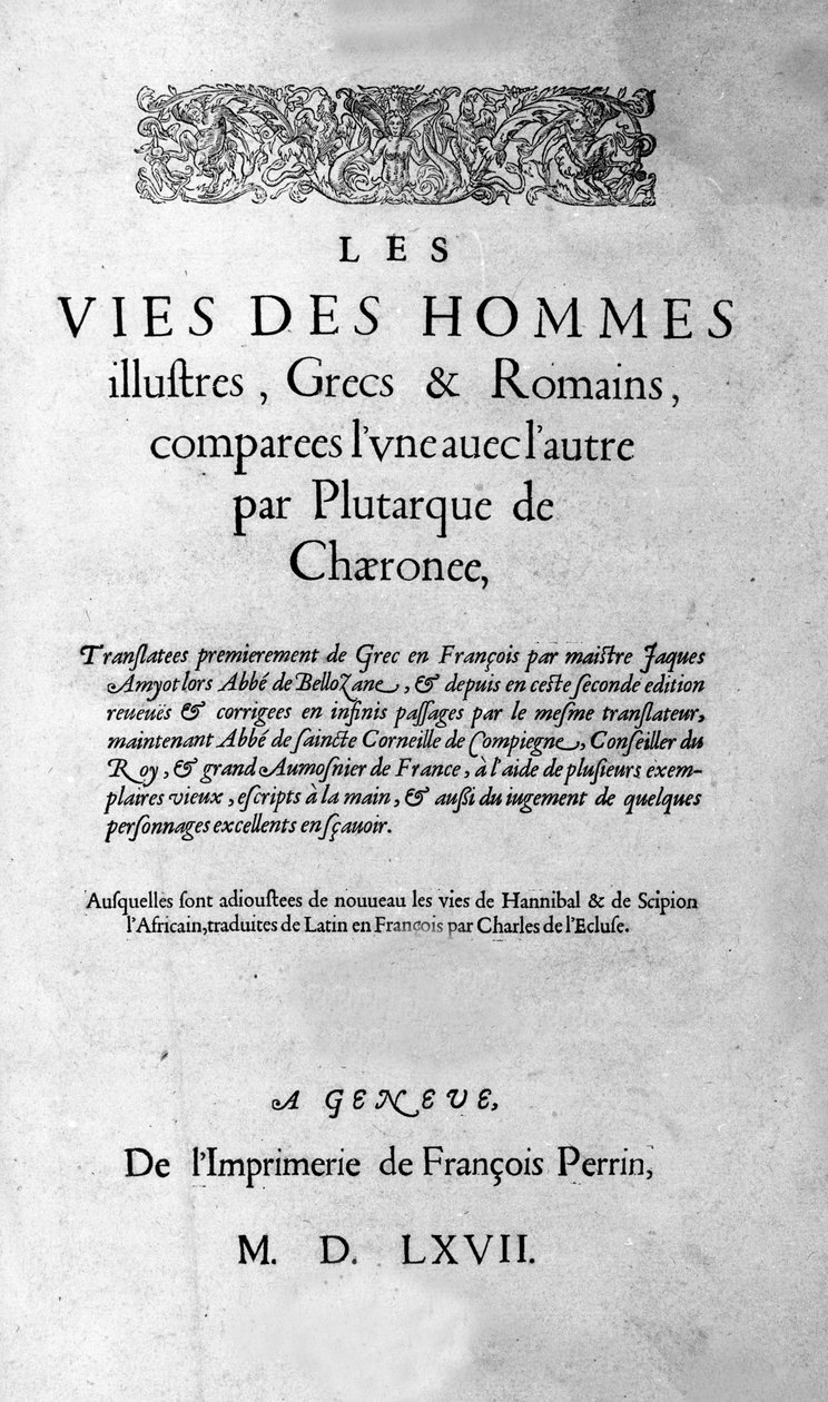 حياة رجال لامعين. صفحة من كتاب Plutarch di Cheronee ، تسمى أيضًا "Paralleles Lives". الطبعة السويسرية 1567. بواسطة فنان غير معروف