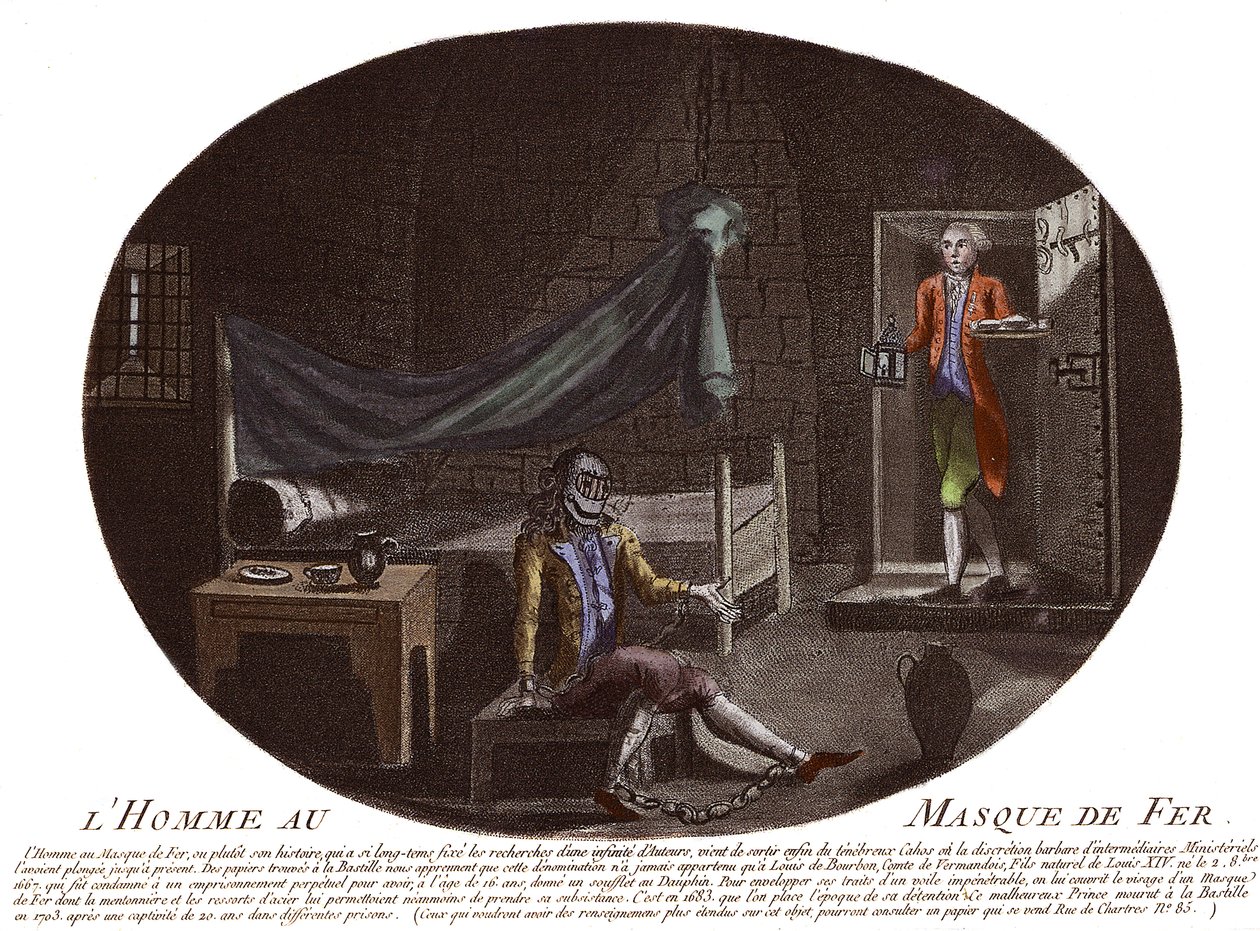 الرجل في القناع الحديدي في السجن - L'Homme au Mask de fer ، سجين داخلي من 1679 إلى 1703 في حصن سانت مارغريت (Sainte-Marguerite) نقش مجهول بواسطة فنان غير معروف