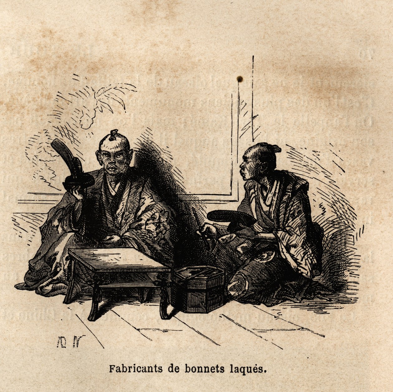 الشركة المصنعة للأكواب المطلية. نقش لتوضيح الرحلة إلى اليابان في 1863-1864 ، بقلم آيم هامبرت ، وزير الاتحاد السويسري ، في "Le Tour du monde ، nouveau journal des voyages" ، المنشور تحت إشراف إدوارد شارتون بواسطة فنان غير معروف
