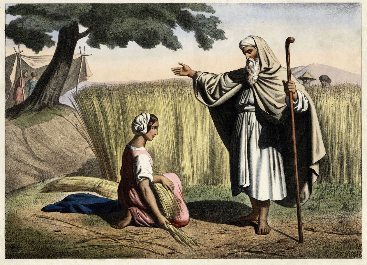 لقاء راعوث وبوعز (بوز) ، أجداد داود ملك إسرائيل (1000-972 قبل الميلاد). نقش مجهول من منتصف القرن التاسع عشر. بواسطة فنان غير معروف