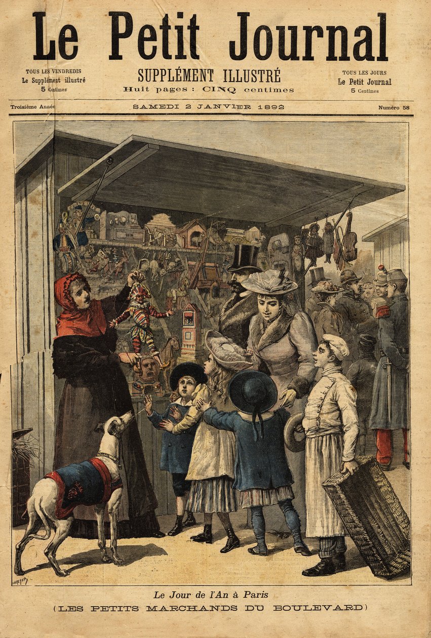 يعرض التجار وشارعهم في يوم السنة في باريس. نقش في "" مجلة Le Petit "" 2/1/1892. مجموعة سيلفا. بواسطة فنان غير معروف