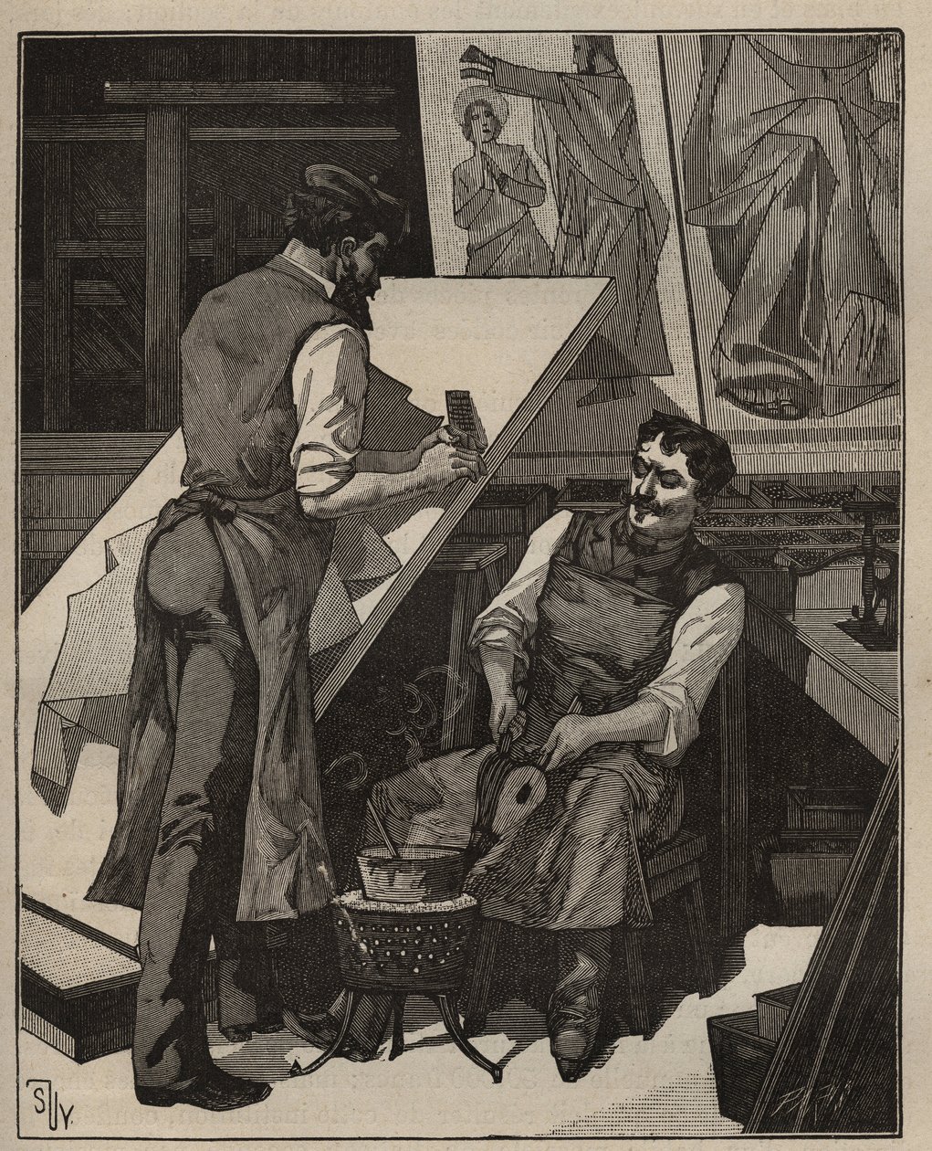 الفسيفساء: ورشة الفسيفساء. نقش من عام 1885 في "" Les Arts et metiers Illustres "" لأدولف بيتارد. بواسطة فنان غير معروف