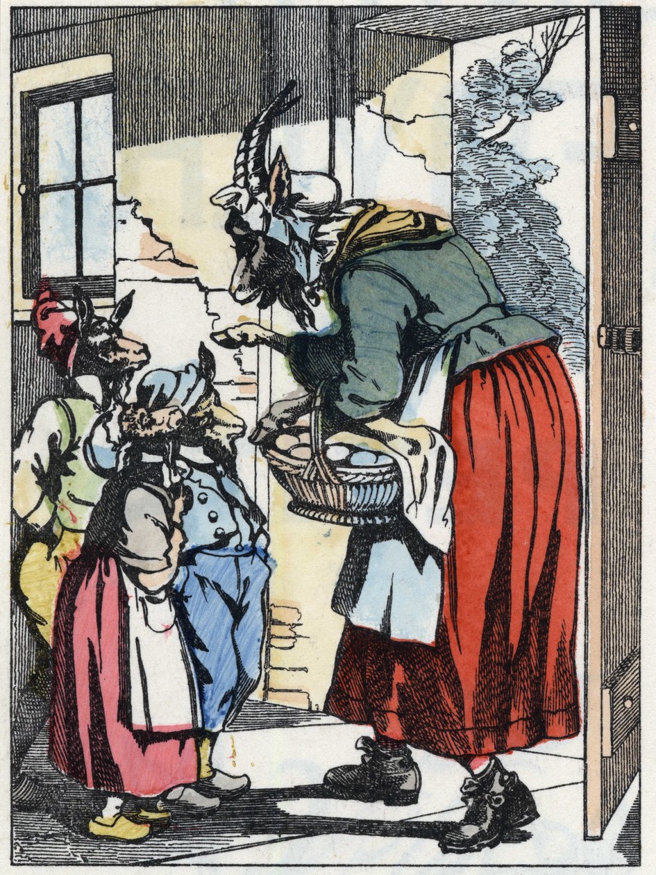 الماعز الأم تغادر للمشي وتحذرها من الأكواخ. رسم توضيحي لحكاية "Compere le Loup، Maitre Renard، Comere la Chevre et ses petits biquets" بعد حكاية جان دو لا فونتين. في "" حكايات من المنزل للصغار "". مجهول ه بواسطة فنان غير معروف