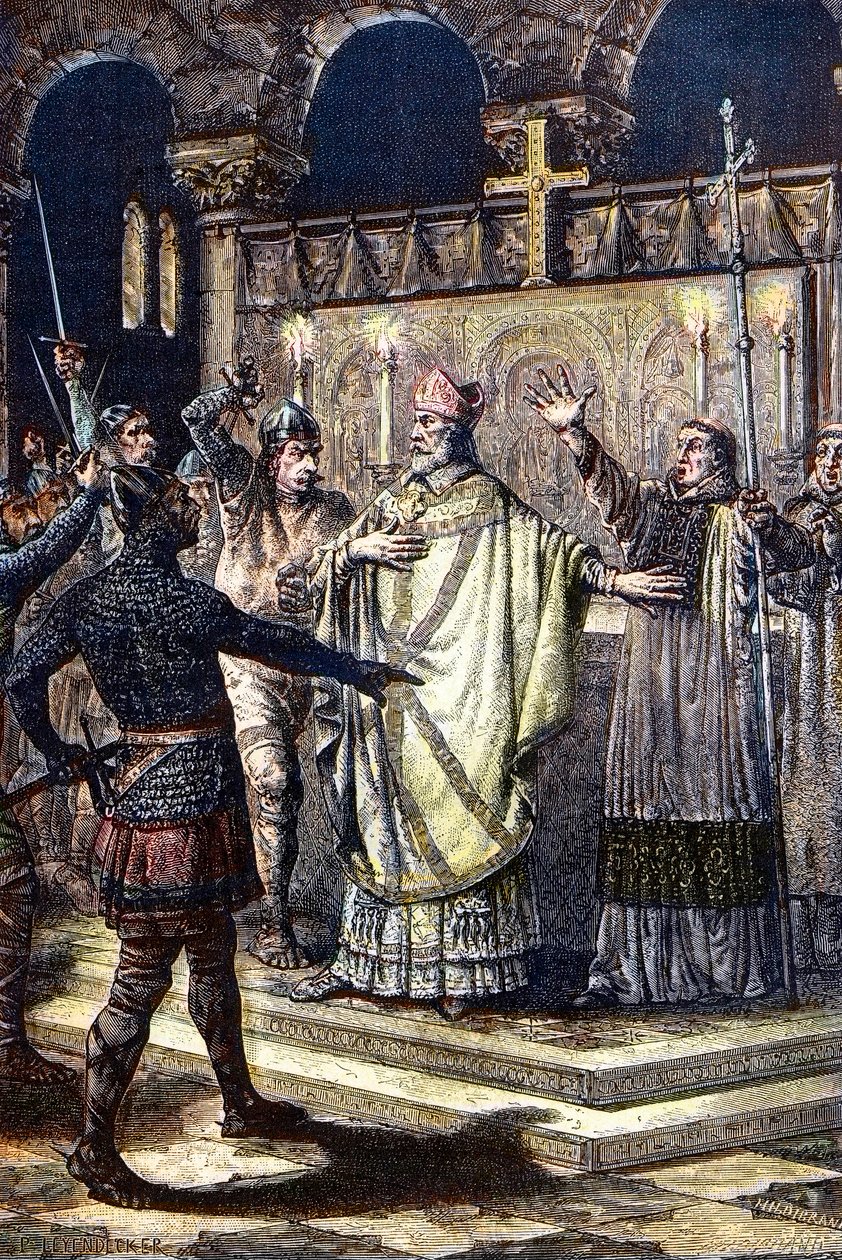 مقتل القديس توماس بيكيت في كاتدرائية كانتربري ، 29 ديسمبر 1170 ، على يد فرسان من بلاط الملك هنري الثاني (نقش على الخشب) بواسطة فنان غير معروف