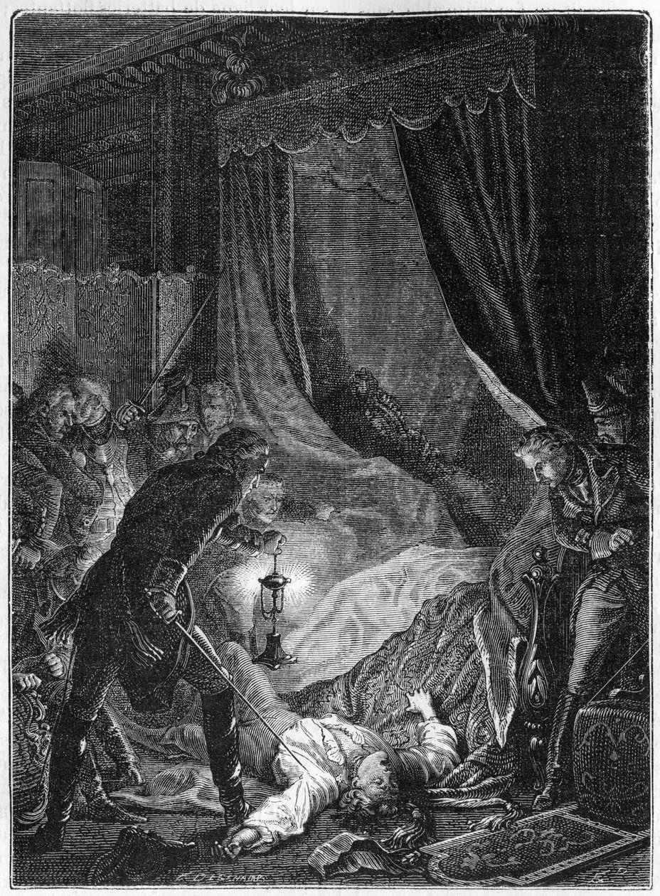 مقتل القيصر الروسي بولس الأول ، مارس 1801 - الرسم التوضيحي 1882-1884 - اغتيال القيصر الروسي بول بتروفيتش (1754-1801) في غرفته بقصر القديس ميخائيل بعد إجباره على التوقيع على التنازل عن العرش - الرسم التوضيحي 1882- 1884 بواسطة فنان غير معروف
