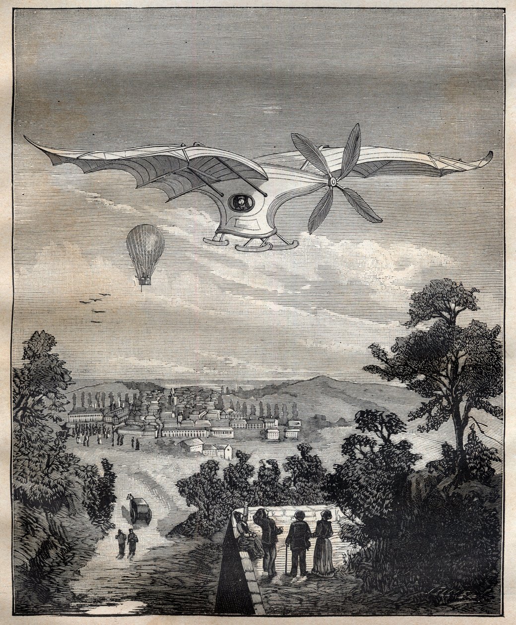 المروحيات الجديدة: طائر كليمنت أدير (1841-1925) ، إيول ، أثناء تجربة في متنزه يوجين بيريير بالقرب من باريس في عام 1891 ، كان من المفترض أن يطير 15 مترًا فوق سطح الأرض - نقش في "La Science francaise" بواسطة فنان غير معروف
