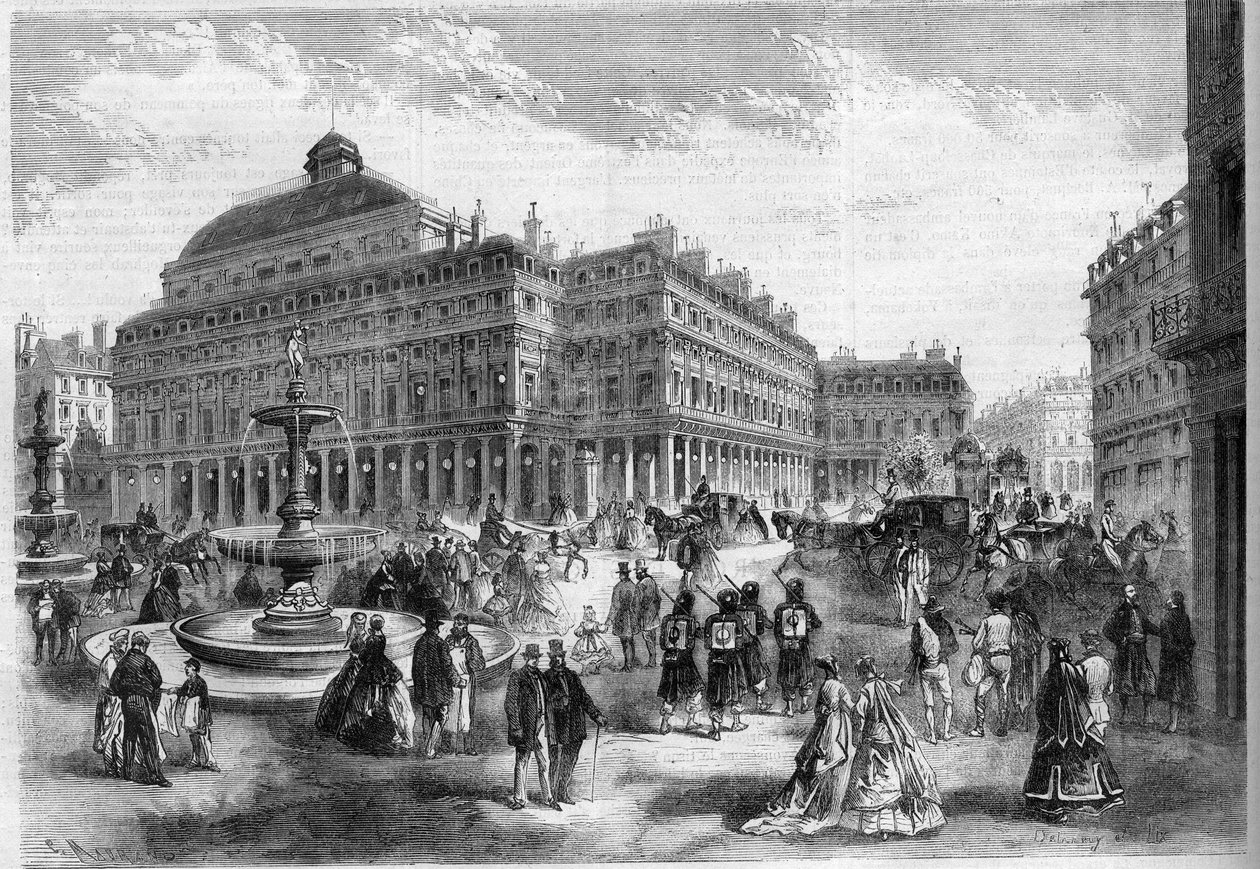 المكان الجديد للمسرح الفرنسي (Comedie Francaise) مع النوافير المعروضة في القصر الملكي (Palais Royal) في باريس. نقش في "" L'univers Illustrée " بواسطة فنان غير معروف