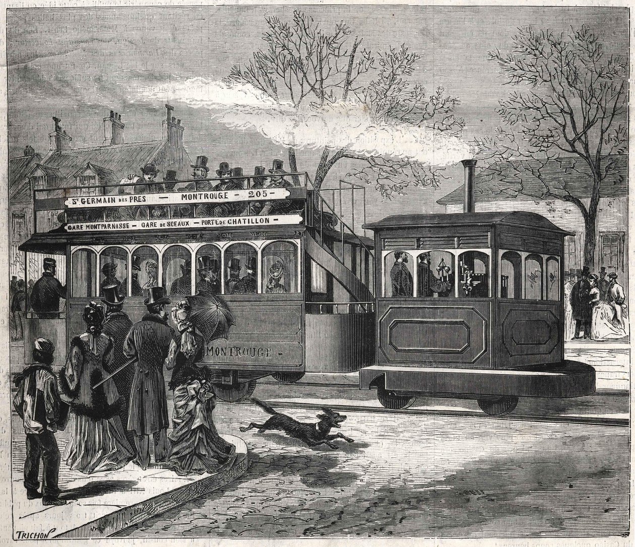 عربات الترام البخارية الجديدة في باريس عام 1876 تسير على خط سان جيرمان دي بري عند باب شاتيلون ، نقش مجموعة بيانكيتي. بواسطة فنان غير معروف