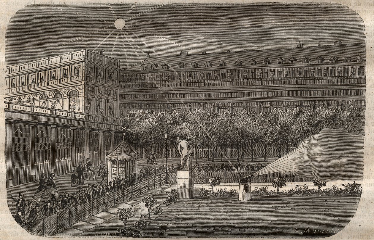 مدفع الظهيرة (المدفع الشمسي) في القصر الملكي (القصر الملكي) في باريس. نقش من 1857 في "" Le Musee Des Sciences "" بواسطة فنان غير معروف