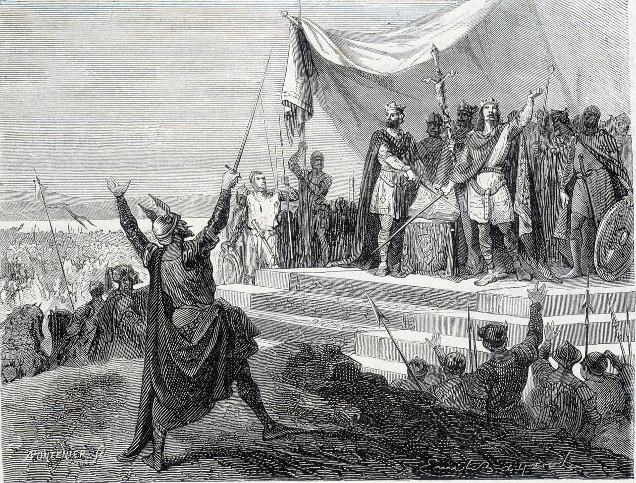 قسم الأخوين أمام درعهما: تشارلز الثاني الأصلع ولويس الثاني الجرماني يقسمان على لوثير الأول (قسم ستراسبورغ 842). نقش القرن التاسع عشر. بواسطة فنان غير معروف
