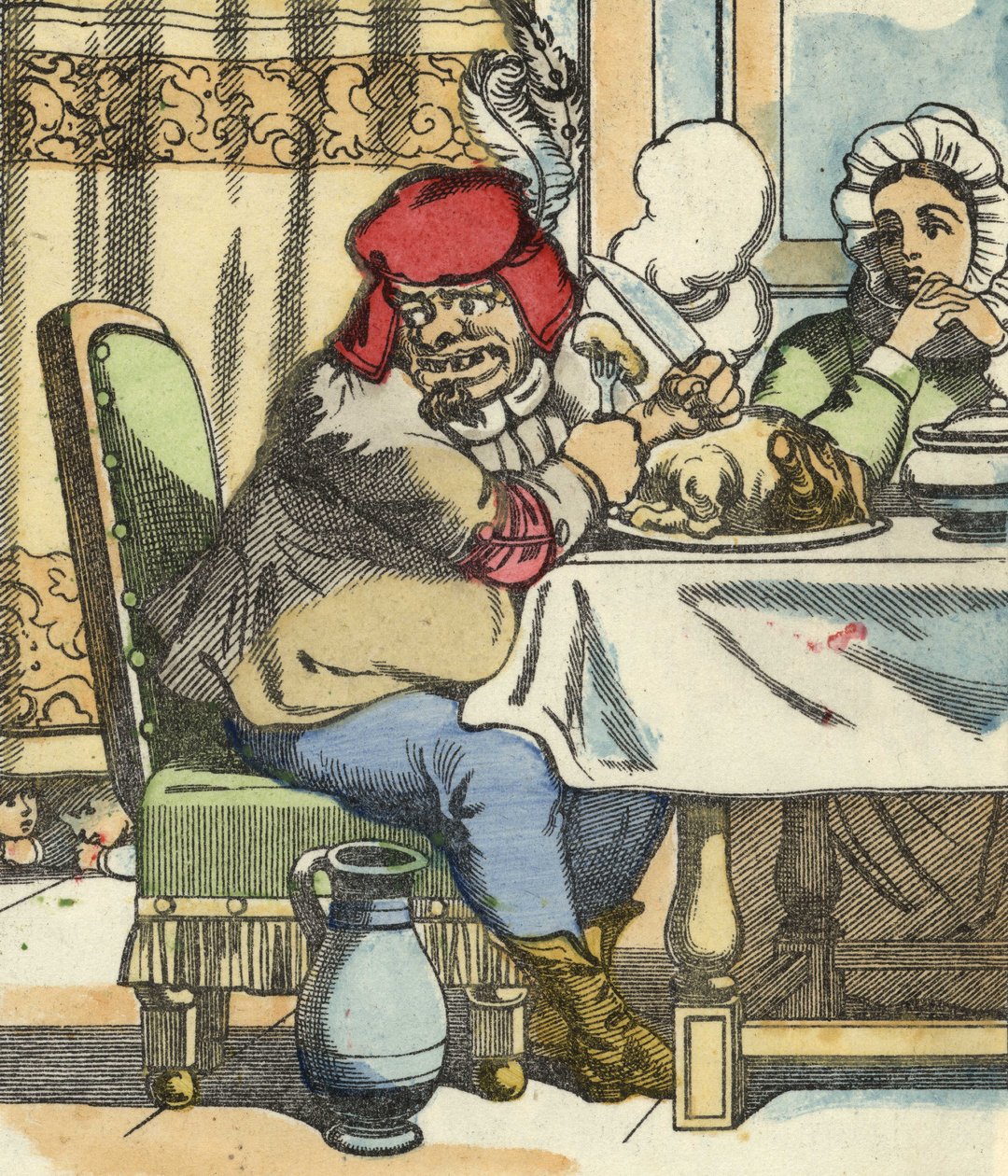 الغول على الطاولة يشعر بوجود بوكيه الصغير وإخوته. رسم توضيحي لحكاية "Le Pepetit Poucet" للكاتب تشارلز بيرولت بواسطة فنان غير معروف