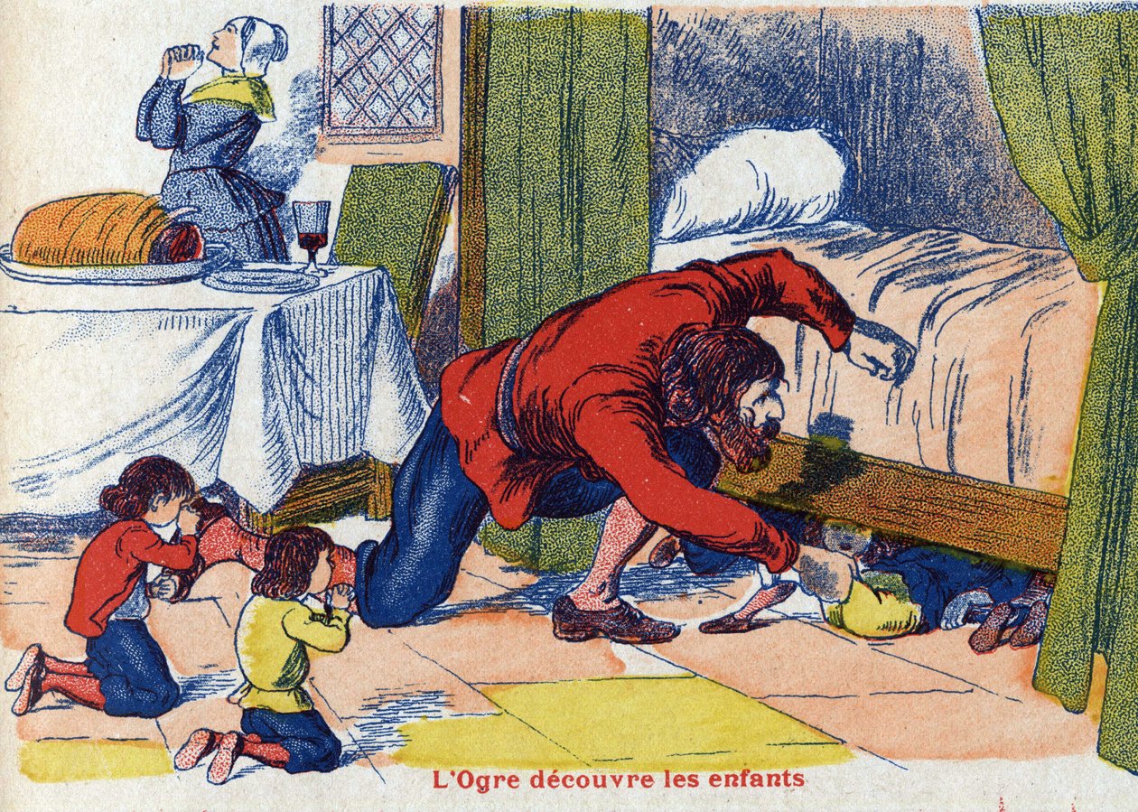 يكتشف الغول الأطفال. رسم توضيحي لـ "Le Pepetit poucet" ، حكاية تشارلز بيرولت (1628-1703) ، الكاتب الفرنسي. توضيح مجهول. الصور مارسيل فاني ، جارفيل نانسي ، بدون تاريخ (أواخر القرن التاسع عشر). بواسطة فنان غير معروف
