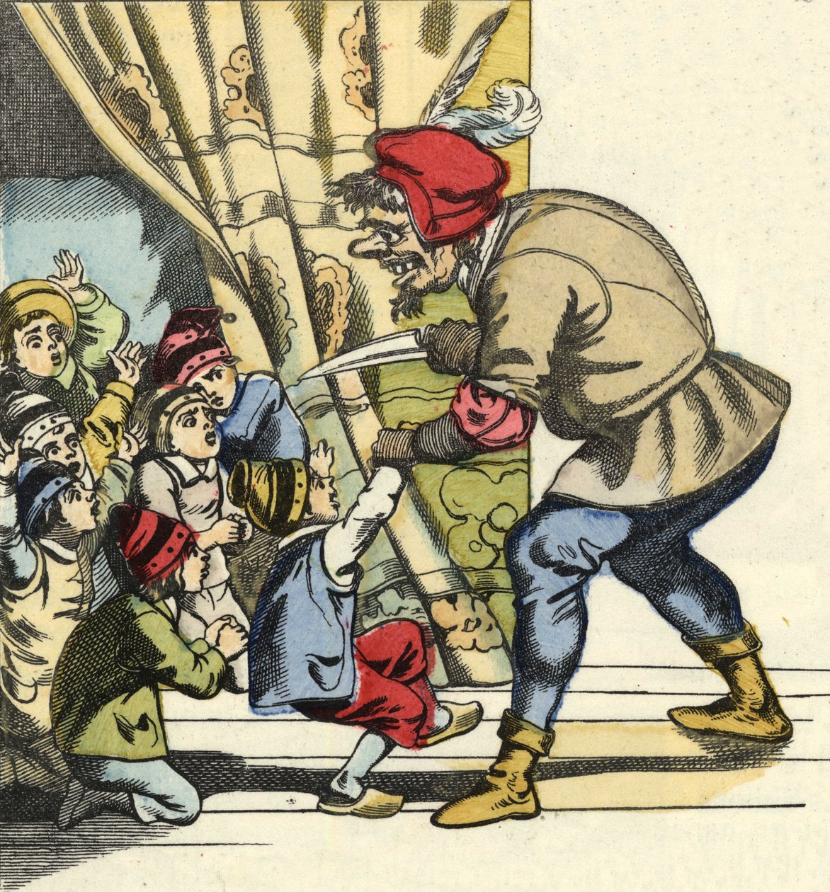 يأخذ الغول طفلاً بنية التهامها. رسم توضيحي لحكاية "Le Pepetit Poucet" للكاتب تشارلز بيرولت بواسطة فنان غير معروف