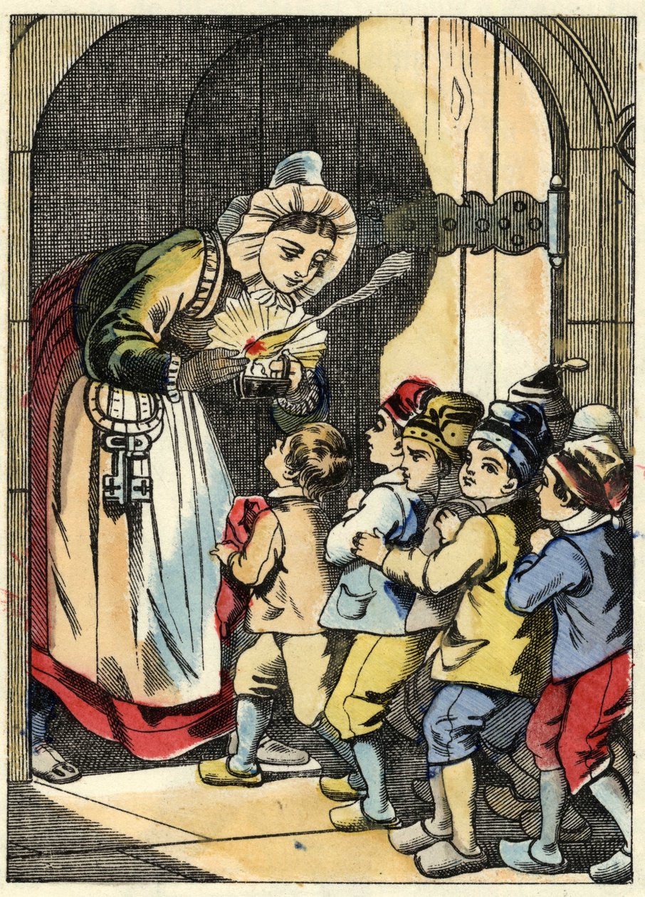 تفتح زوجة الغول الباب لـ Little Poucet وإخوته. رسم توضيحي لحكاية "Le Pepetit Poucet" للكاتب تشارلز بيرولت بواسطة فنان غير معروف