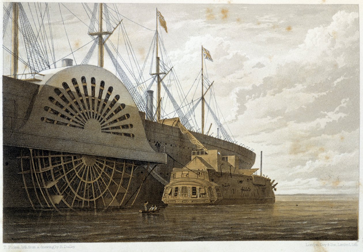 الفرقاطة القديمة مع شحنتها من الكابل إلى جانب "GreatEastern" في Sheerness - في "" The Atlantic Telegraph "بواسطة W. H. Russel ، كاليفورنيا. 1860 بواسطة فنان غير معروف