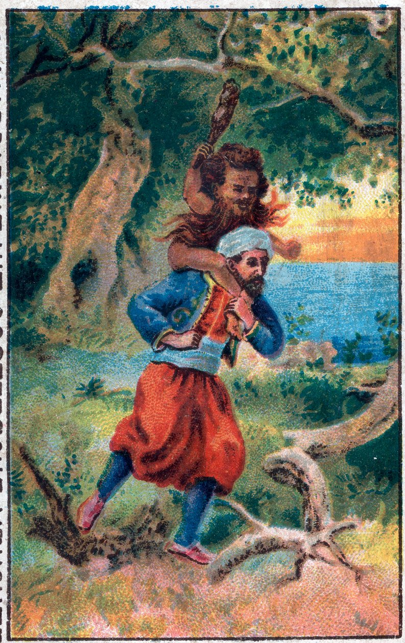 رجل البحر العجوز. المغامرات الرائعة لبحار السندباد. حكاية شعبية 1001 ليلة (ألف ليلة وليلة). الطباعة الحجرية الملونة في أواخر القرن التاسع عشر. بواسطة فنان غير معروف