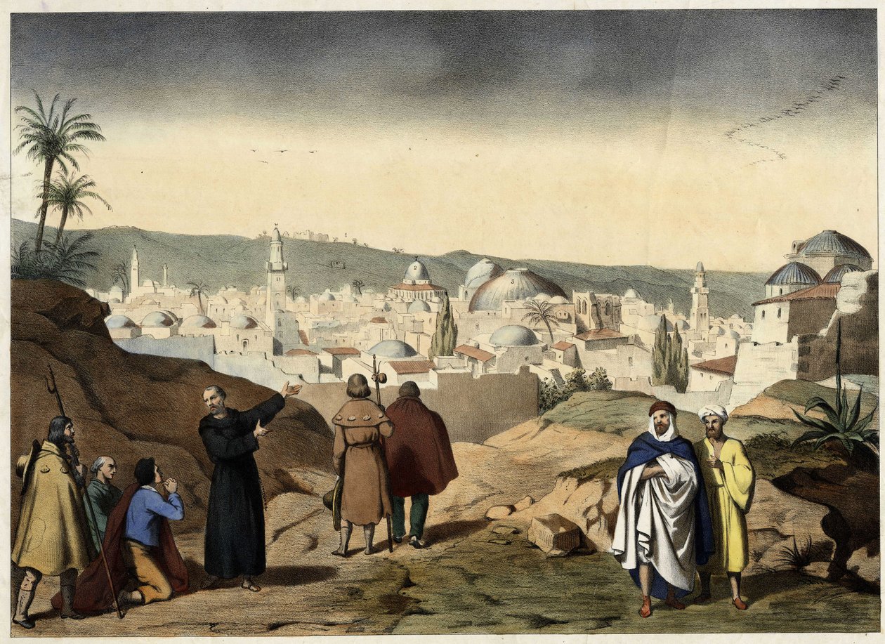 يصل pelerins إلى مدينة القدس. نقش مجهول من منتصف القرن التاسع عشر - في "" التعليم المسيحي الكبير للعائلات ". بواسطة فنان غير معروف