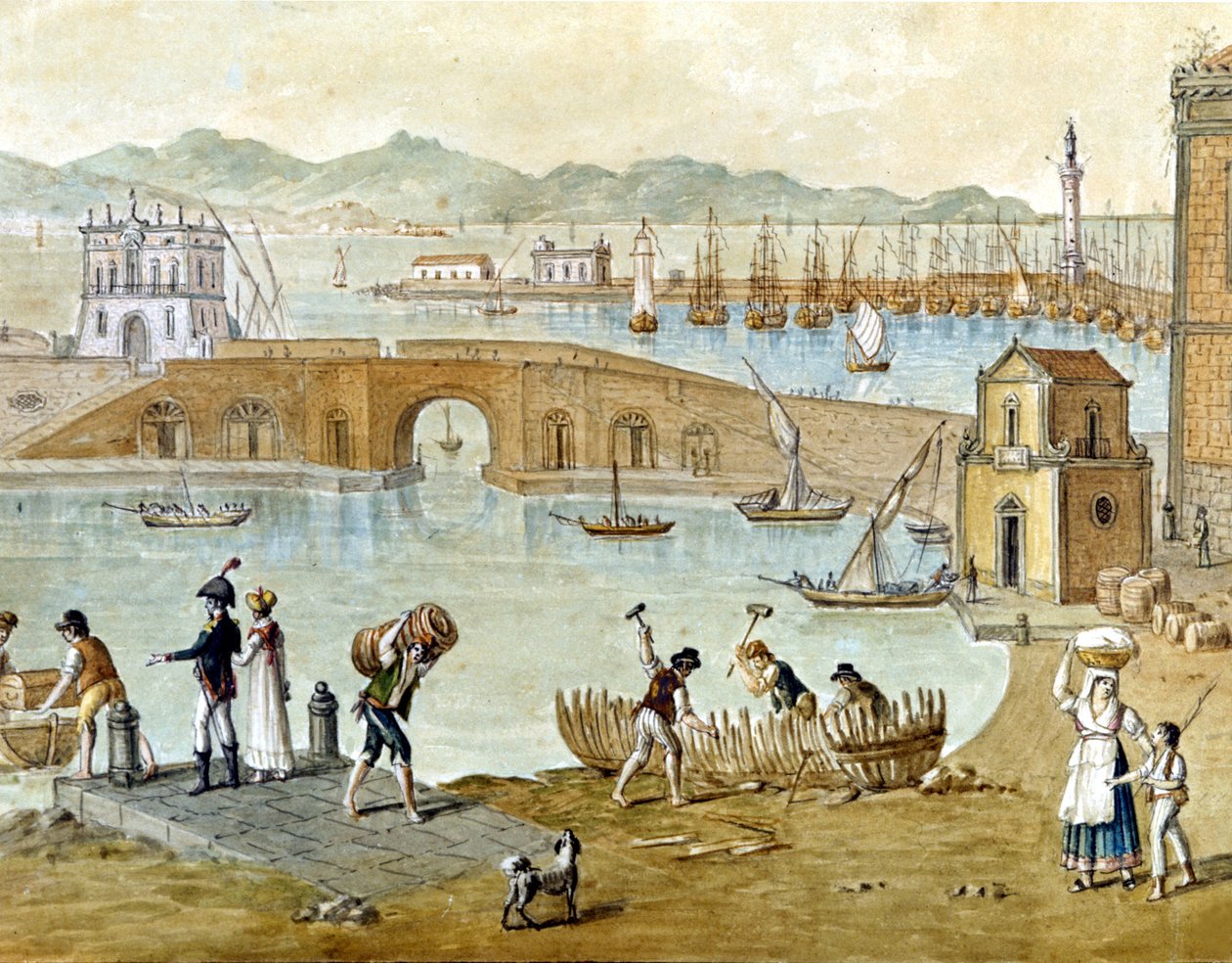 ميناء نابولي وسانتا لوسيا حوالي عام 1800: يستعد المسافرون للمغادرة ويقوم النجارون ببناء قارب. ألوان مائية. بواسطة فنان غير معروف