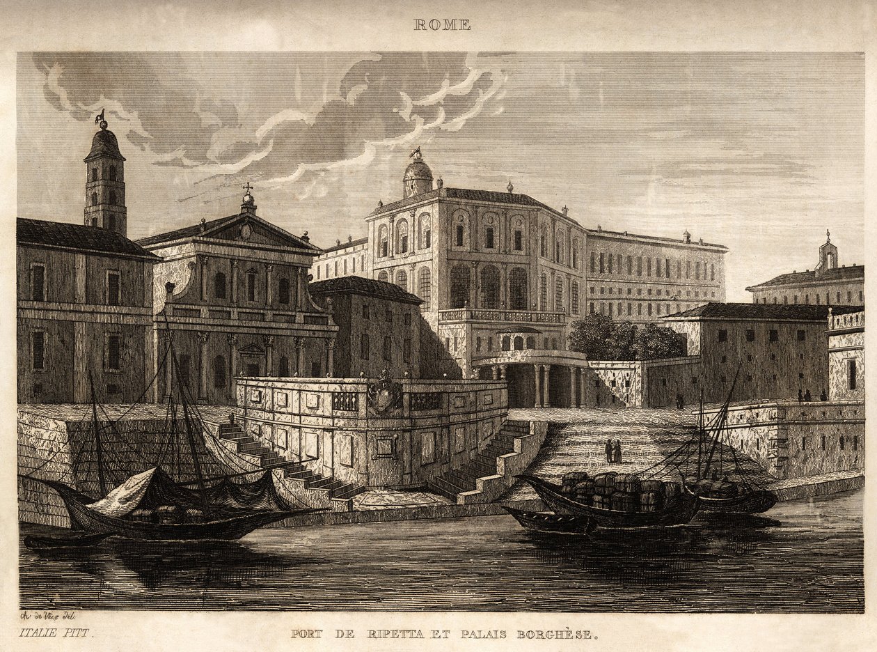 ميناء ريبيتا وقصر بورغيزي في روما ، نقش من قبل Ch. دي فين ، في "" Picturesque Italy "، محرر Amable Coste ، باريس بواسطة فنان غير معروف