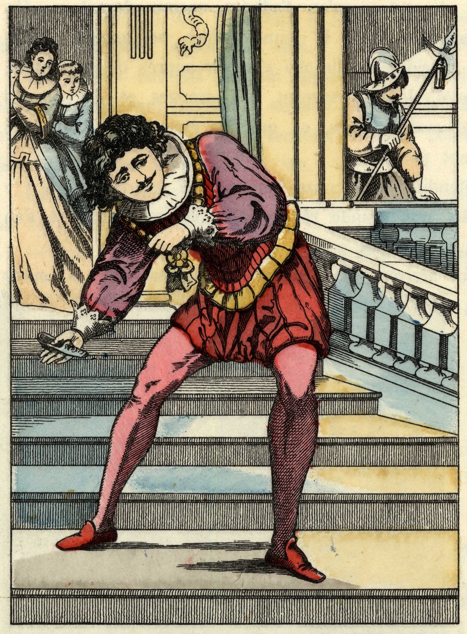 الأمير يلتقط الحذاء الزجاجي لسندريلا. رسم توضيحي لقصة تشارلز بيرولت "Cinderella or La petite slipper de verre" بواسطة فنان غير معروف