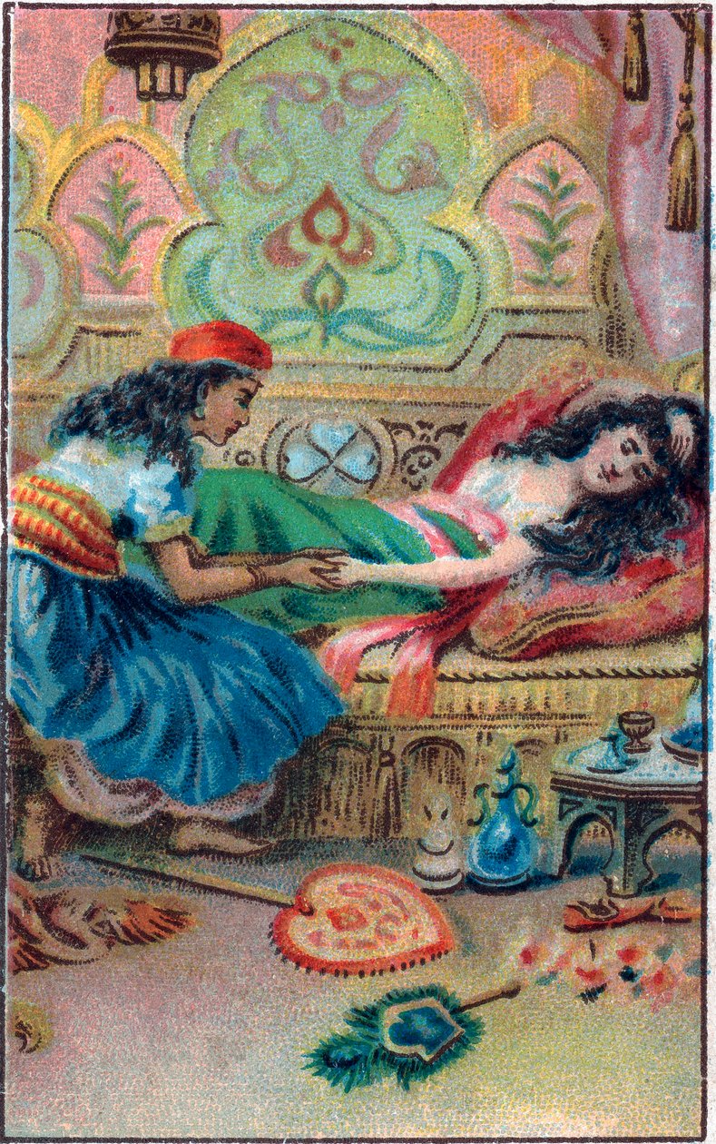 الأميرة يغمى عليها. حكاية "" تاريخ الحصان المسحور "" في "" ألف ليلة وليلة "" (1001 Nights or Le mille e una notte، Arabian Nights). الطباعة الحجرية الملونة في أواخر القرن التاسع عشر. بواسطة فنان غير معروف