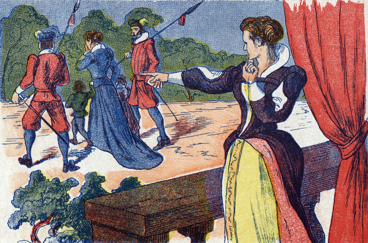 الملكة الأم لديها الملكة وأطفالها في الحبس. رسم توضيحي مجهول لـ "La belle au bois dormant" ، حكاية تشارلز بيرولت (1628-1703) ، الكاتب الفرنسي. الصور مارسيل فاني ، جارفيل نانسي ، بدون تاريخ (أواخر القرن التاسع عشر). بواسطة فنان غير معروف
