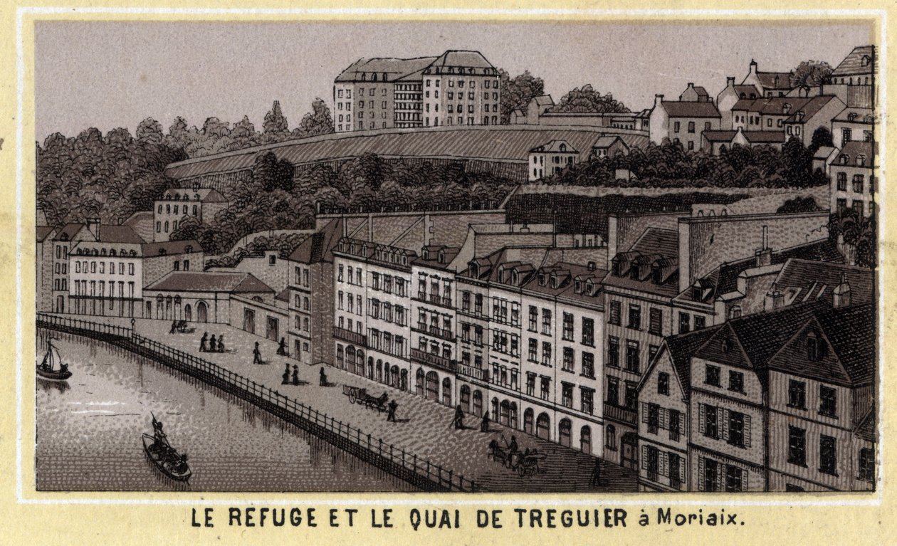 ملجأ ورصيف ميناء Treguier في Morlaix (فينيستير ، منطقة بريتاني). الطباعة الحجرية الملونة في أواخر القرن التاسع عشر. بواسطة فنان غير معروف