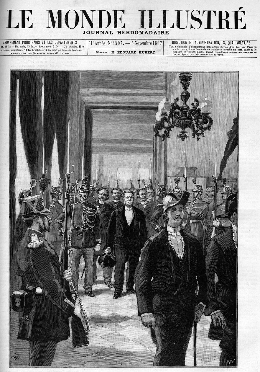 الغرف المستأجرة في عام 1887 برئاسة الرئيس تشارلز فلوكيه (1828-1896). غلاف "" العالم اللامع "من عام 1887. بواسطة فنان غير معروف