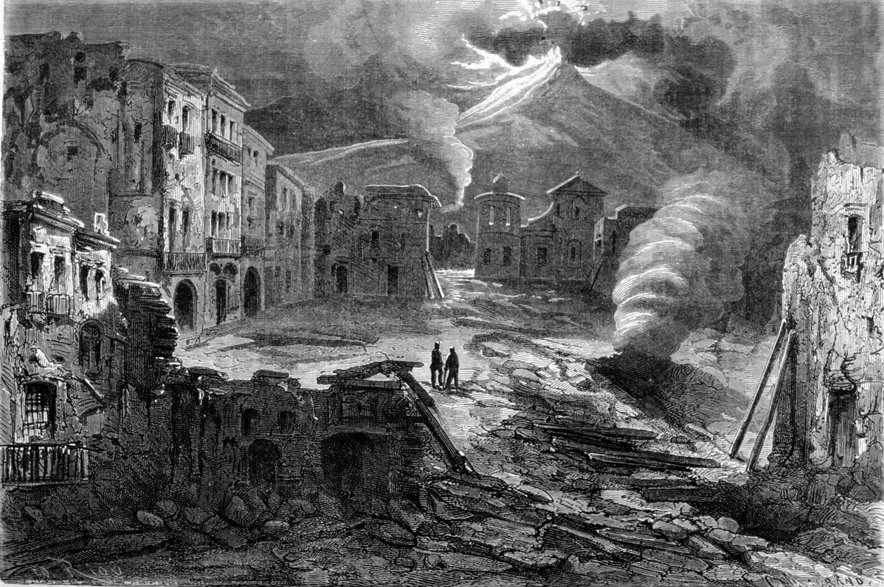 باقي ساحة Piazza de Torre del Greco أثناء ثوران بركان فيزوف في 8/12/1861. بواسطة فنان غير معروف