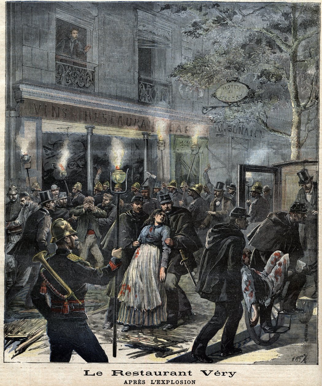 مطعم Very (24 Boulevard Magenta في باريس) بعد الانفجار الناجم عن هجوم الأناركي Francois Koenigstein dit Ravachol (1859 - 1892) في 30 مارس 1892. في "" The Petity Journal " بواسطة فنان غير معروف