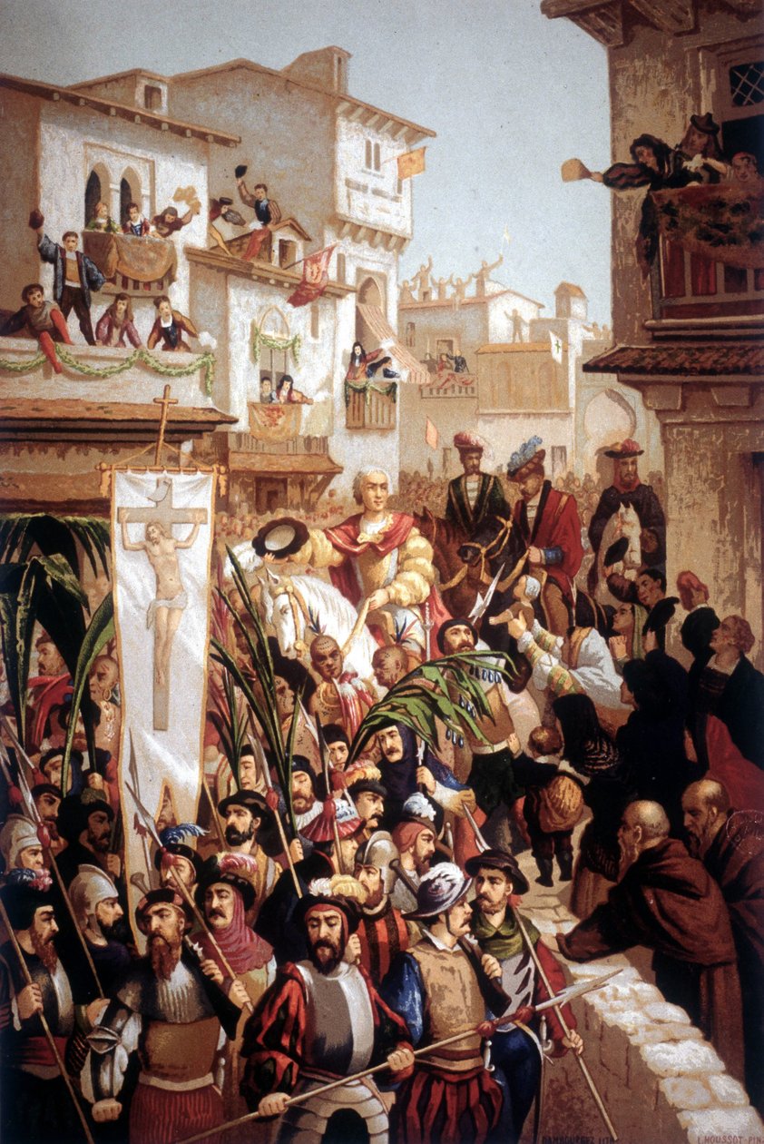 عودة الملاح الإيطالي كريستوفر كولومبوس (1451-1506) إلى إسبانيا عام 1493. بواسطة فنان غير معروف