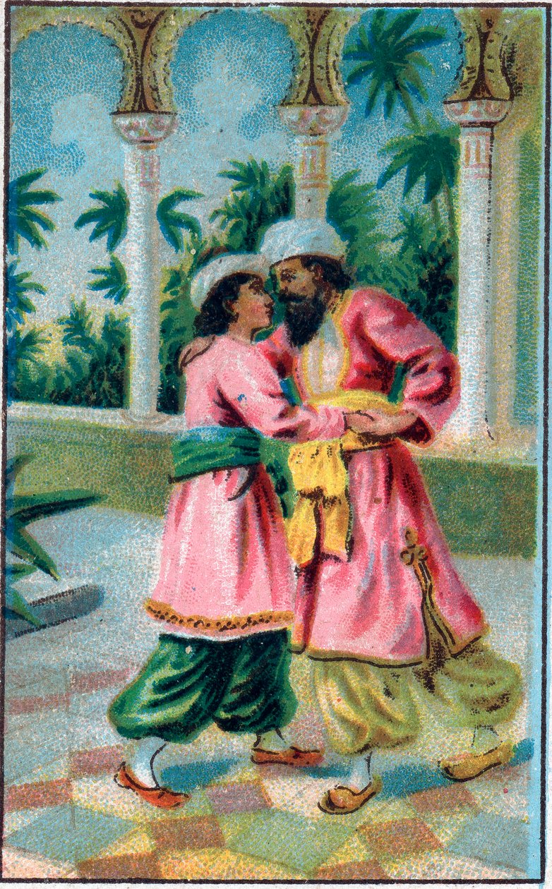 عودة الأمير. حكاية "" تاريخ الحصان المسحور "" في "" ألف ليلة وليلة "" (1001 Nights or Le mille e una notte، Arabian Nights). الطباعة الحجرية الملونة في أواخر القرن التاسع عشر. بواسطة فنان غير معروف