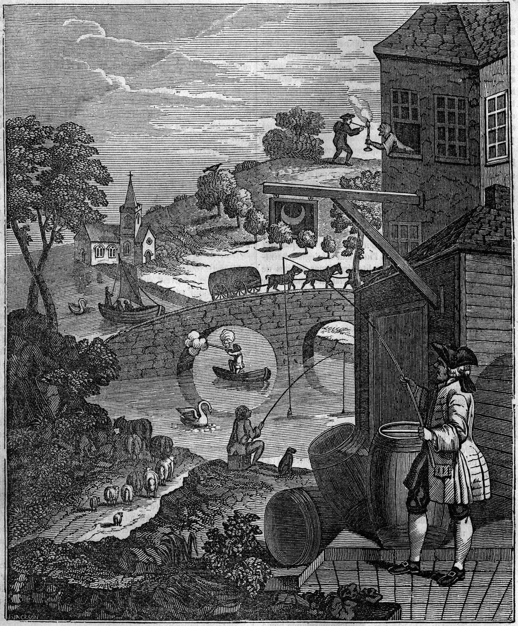 المنظور المثير للسخرية التوضيح الساخر لـ William Hogarth (1697-1764) يسخر من فن منظور الرسامين من خلال اقتراح المستويات المستوية للأشياء والأشخاص المستحيل في الواقع بسبب المسافات. بواسطة فنان غير معروف