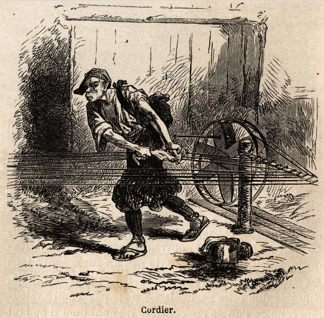 صانع الحبل. نقش لتوضيح الرحلة إلى اليابان في 1863-1864 ، بقلم آيم هامبرت ، وزير الاتحاد السويسري ، في "Le Tour du monde ، nouveau journal des voyages" ، المنشور تحت إشراف إدوارد شارتون بواسطة فنان غير معروف