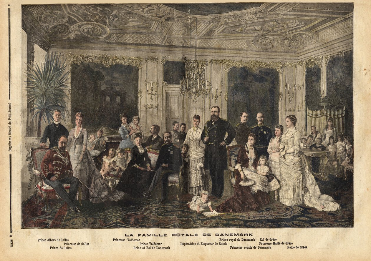 العائلة المالكة للدنمارك ، جالسة في الوسط ، الملكة لويز من هيس-كاسل (1817-1898) والملك كريستيان التاسع ملك الدنمارك (1818-1906) الملقب بـ "الأب الوسيم لأوروبا" لأنه تزوج العديد من أبنائه من الميراث من الملك العظيم و بواسطة فنان غير معروف