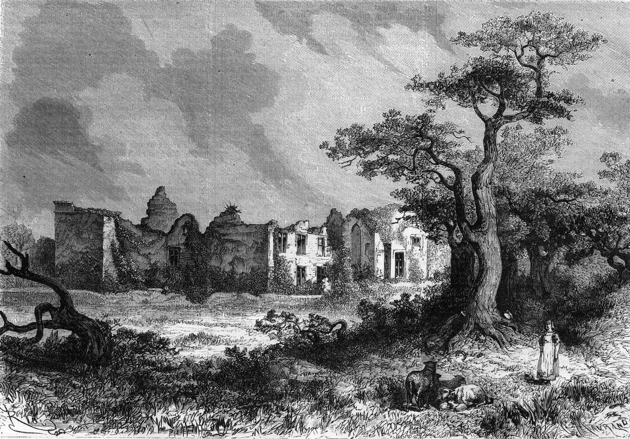 أنقاض شاتو دي لا Mailleraye بالقرب من Parthenay ، قسم Deux-Sevres (Deux Sevres) في منطقة Poitou-Charentes (Poitou Charentes). نقش في "" الكون اللامع "" بواسطة فنان غير معروف